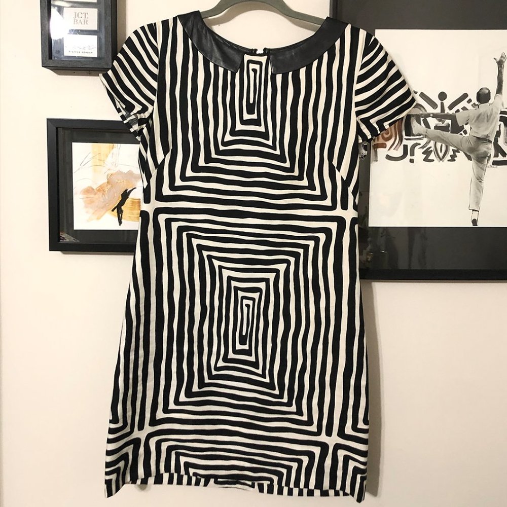 Black & White Patterned Dress with Leather Collar